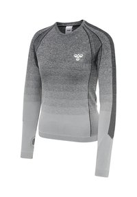 T-shirt de sport gris à manches longues sans coutures avec des rayures en dégradé, ouverture pouce sur la manche gauche et petit logo abeille blanc sur la poitrine.