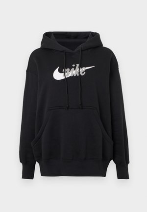 Sort Nike-hoodie med hvidt logo, frontlomme, lange ærmer, ribstrikkede manchetter og kant samt justerbar hætte med snøre.