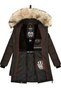 Dark brown padded parka with a faux fur hood, red accent stitching, and a soft black interior featuring multiple pockets and logos.