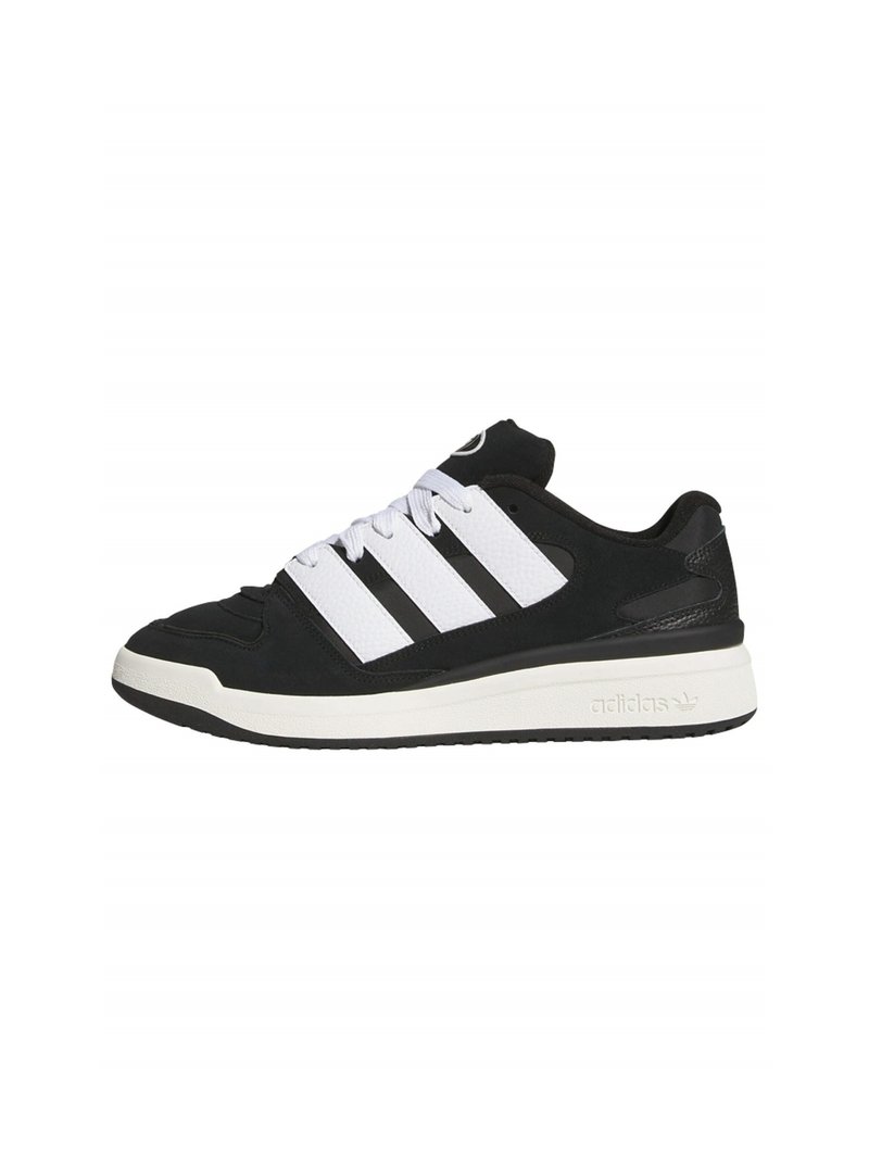 Zapatillas deportivas negras con paneles de malla blanca y tres rayas características. Presentan una suela de goma texturizada y un collar acolchado.
