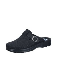 Black clogs featuring a felt upper with a buckle accent, a rounded toe, and a cushioned sole for comfort. Smooth texture with a matte finish.