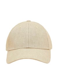 Beigenvärinen puuvillainen lippalakki, jossa on kaareva lippa, kuuden osan rakenne ja ilmanvaihtoaukot. Pinta on sileä ja kevyesti teksturoitu.