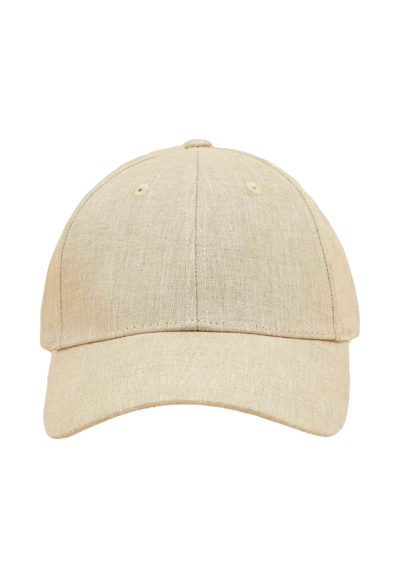 Beigenvärinen puuvillainen lippalakki, jossa on kaareva lippa, kuuden osan rakenne ja ilmanvaihtoaukot. Pinta on sileä ja kevyesti teksturoitu.