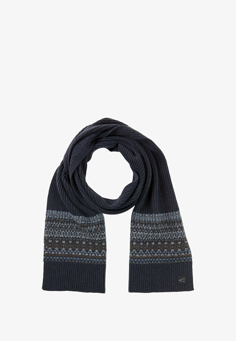 Mørkeblå strikket tørklæde med ribbet struktur og mønstrede bånd i blå, grå og brune nuancer i begge ender.