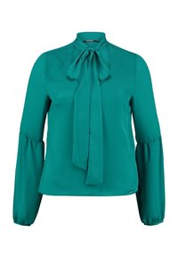 Teal langærmet bluse med høj hals, en sløjfe bundet om kraven og let pufede ærmer samlet ved manchetterne.