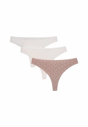 Set aus drei Strings: einer hellrosa mit Punkten, einer weißen mit Punkten und einer einfarbig weißen. Glattes Material, einfaches Design.