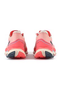 Różowe siateczkowe sneakersy z teksturowaną cholewką, z kontrastującymi niebieskimi i granatowymi akcentami oraz beżową podeszwą środkową. Widok z tyłu pokazuje wyściełany kołnierz.