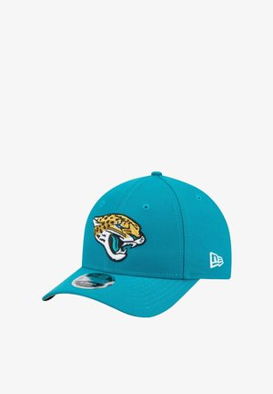 Teal cap with a structured design, featuring a embroidered jaguar logo in yellow and black on the front. Brim is flat and extends outward.
