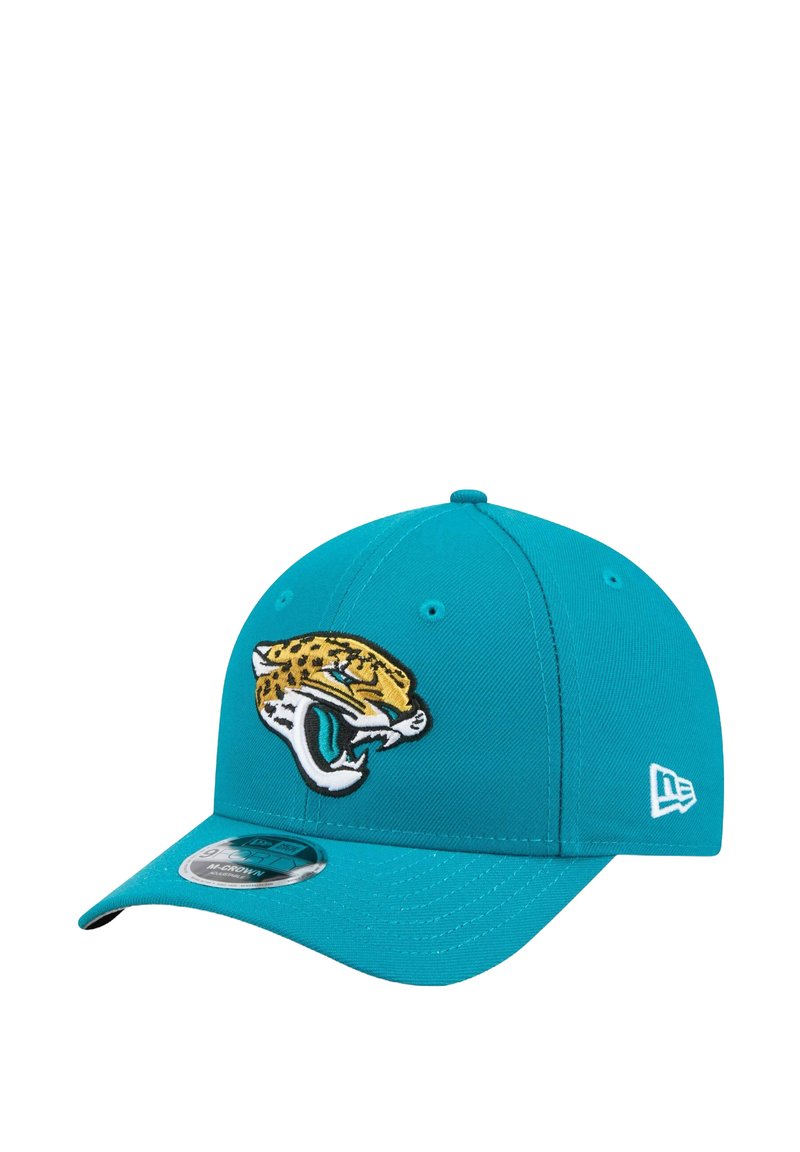 Casquette turquoise avec un design structuré, arborant un logo de jaguar brodé en jaune et noir sur le devant. La visière est plate et s'étend vers l'extérieur.