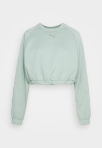 Pullover corto verde menta con maniche lunghe a raglan, orlo elastico e un piccolo logo ricamato sul petto. Tessuto morbido.