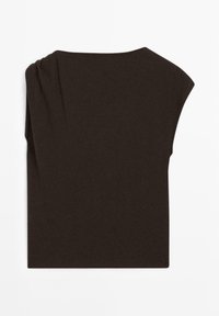 Haut marron foncé à manches courtes avec une coupe décontractée, présentant un dos légèrement drapé et une texture lisse. Design simple et minimaliste.