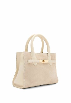 Beige suède handtas met twee afgeronde handvatten, een smalle horizontale band en een gouden sluiting aan de voorkant.