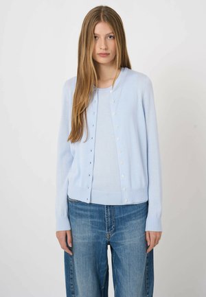 Młoda kobieta z długimi prostymi włosami, ubrana w jasnoniebieski kardigan nałożony na pasujący top i niebieskie dżinsy, stoi na jednolitym tle.