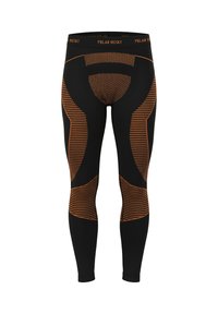 Black leggings with orange accents, featuring textured patterns and a form-fitting design. Includes an elastic waistband for comfort.