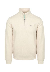 Crème-kleurige pullover sweatshirt met een halve rits kraag, voorzien van een textuurstof, geribde manchetten en een klein logo op de borst.