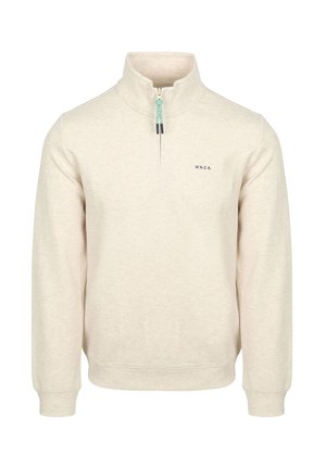 Crème-kleurige pullover sweatshirt met een halve rits kraag, voorzien van een textuurstof, geribde manchetten en een klein logo op de borst.