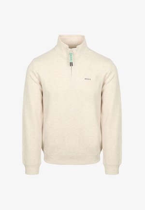 Crème-kleurige pullover sweatshirt met een halve rits kraag, voorzien van een textuurstof, geribde manchetten en een klein logo op de borst.