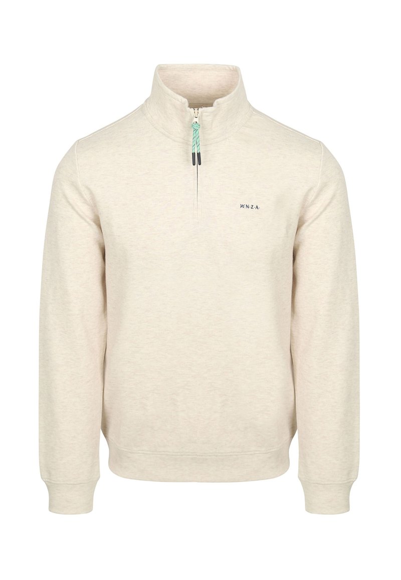 Crème-kleurige pullover sweatshirt met een halve rits kraag, voorzien van een textuurstof, geribde manchetten en een klein logo op de borst.