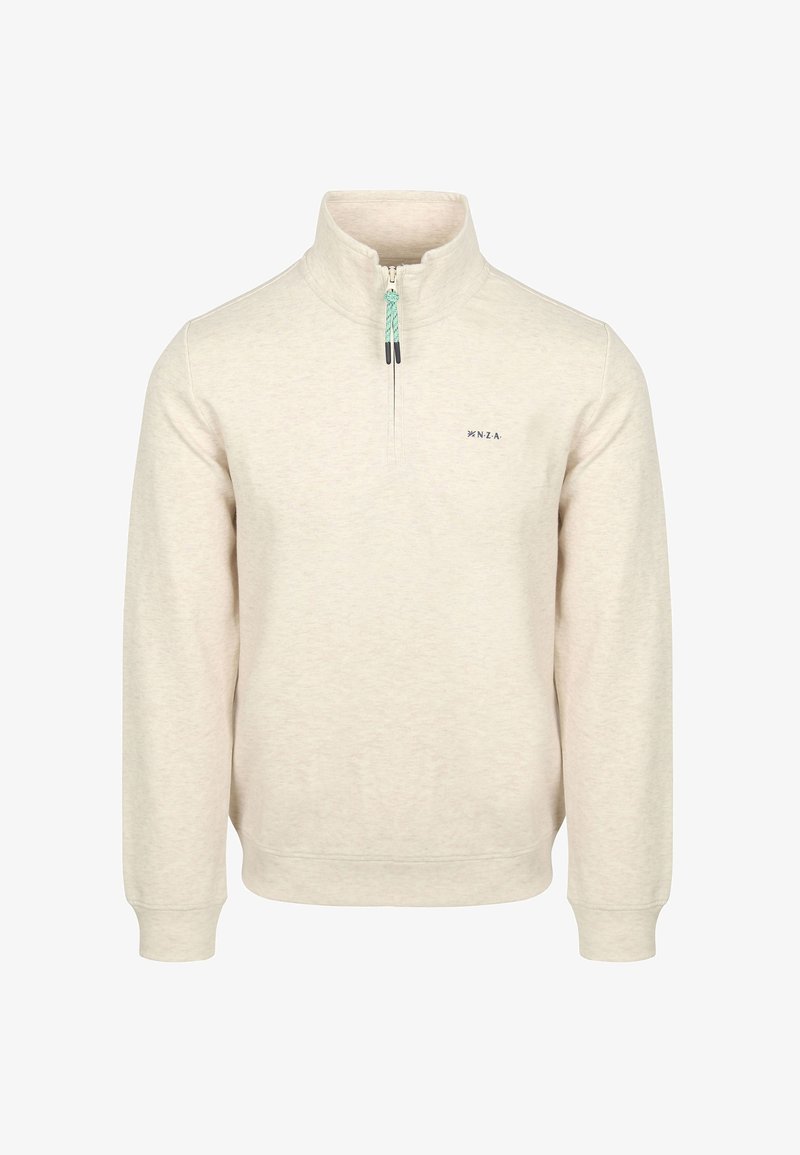 Crème-kleurige pullover sweatshirt met een halve rits kraag, voorzien van een textuurstof, geribde manchetten en een klein logo op de borst.
