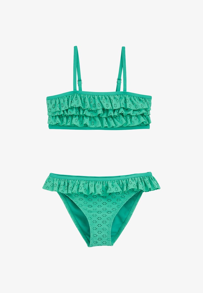 Ensemble bikini turquoise comprenant un haut bandeau à volants avec bretelles réglables et un bas assorti à volants. Motif œillet sur tout le tissu.