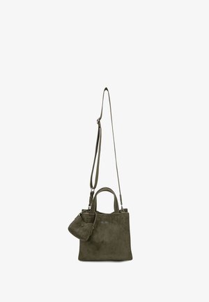 Sac à main en daim vert olive avec deux poignées, une longue bandoulière amovible et une petite pochette assortie attachée sur le côté.