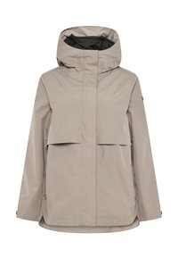 Hellbeige wasserfeste Jacke mit Kapuze, langen Ärmeln, vorderen Klappentaschen und verdecktem Reißverschluss.