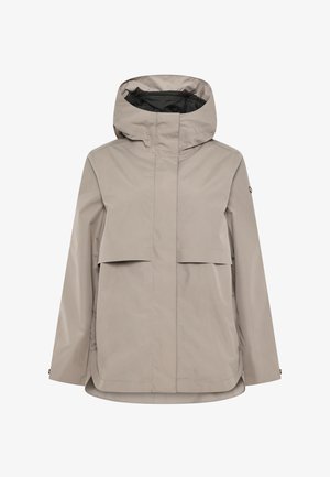 Hellbeige wasserfeste Jacke mit Kapuze, langen Ärmeln, vorderen Klappentaschen und verdecktem Reißverschluss.