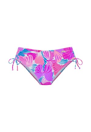 Low-rise bikini bottoms with pink, purple, and blue butterfly and leaf patterns, featuring side ties and a small brand label on the front right side.