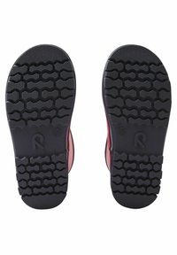 Black rubber shoe soles featuring a hexagonal tread pattern with a small embossed logo and size indicator, designed for traction and durability.