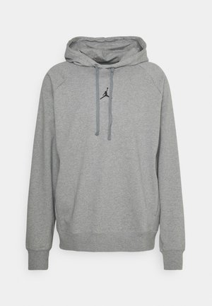 Gray sweatshirt with a hood, featuring a black Jumpman logo at the center chest, ribbed cuffs, and a relaxed fit. Made from soft fabric.