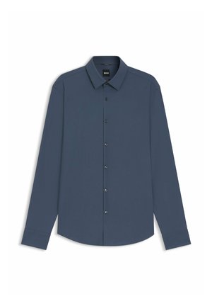 Men’s long-sleeve dark blue button-up shirt with collar, seven front buttons, and cuffed sleeves, laid flat on a white background.