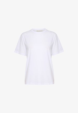 Balta kokvilnas T-kreklu ar īsām piedurknēm, apaļu kakla izgriezumu un brīvu piegriezumu. Gluda tekstūra un nav redzamu rakstu vai rotājumu.