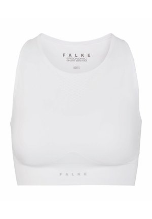 Reggiseno sportivo bianco seamless con scollo alto, logo FALKE sul petto e sulla fascia, taglia small, progettato per un supporto sportivo ergonomico.