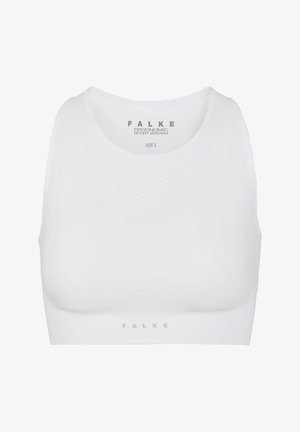 Weißer nahtloser Sport-BH mit hohem Kragen, FALKE-Branding auf Brust und Bund, Größe Small, für ergonomische Sportunterstützung konzipiert.