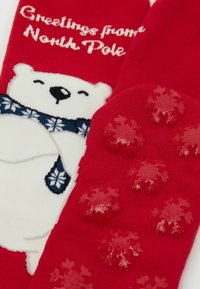 Calze rosse con grafica di un orso polare bianco, testo "Saluti dal Polo Nord" e grip a forma di fiocco di neve rosso sulle suole; tessuto lavorato a maglia.