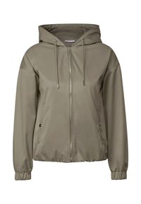 Kapotová lehká bunda v olivově zelené barvě, se zipovým uzávěrem, bočními kapsami a elastickými manžetami. Hladká textura a ležérní design.