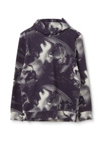 Felpa con cappuccio di colore viola scuro con un motivo astratto in bianco e nero a contrasto. Realizzata in tessuto morbido, presenta maniche lunghe e una vestibilità comoda.