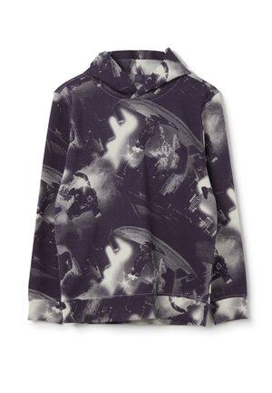 Kapuzensweatshirt in Dunkelpurpur mit einem kontrastierenden abstrakten Muster in Schwarz und Weiß. Aus weichem Stoff gefertigt, mit langen Ärmeln und einer lockeren Passform.