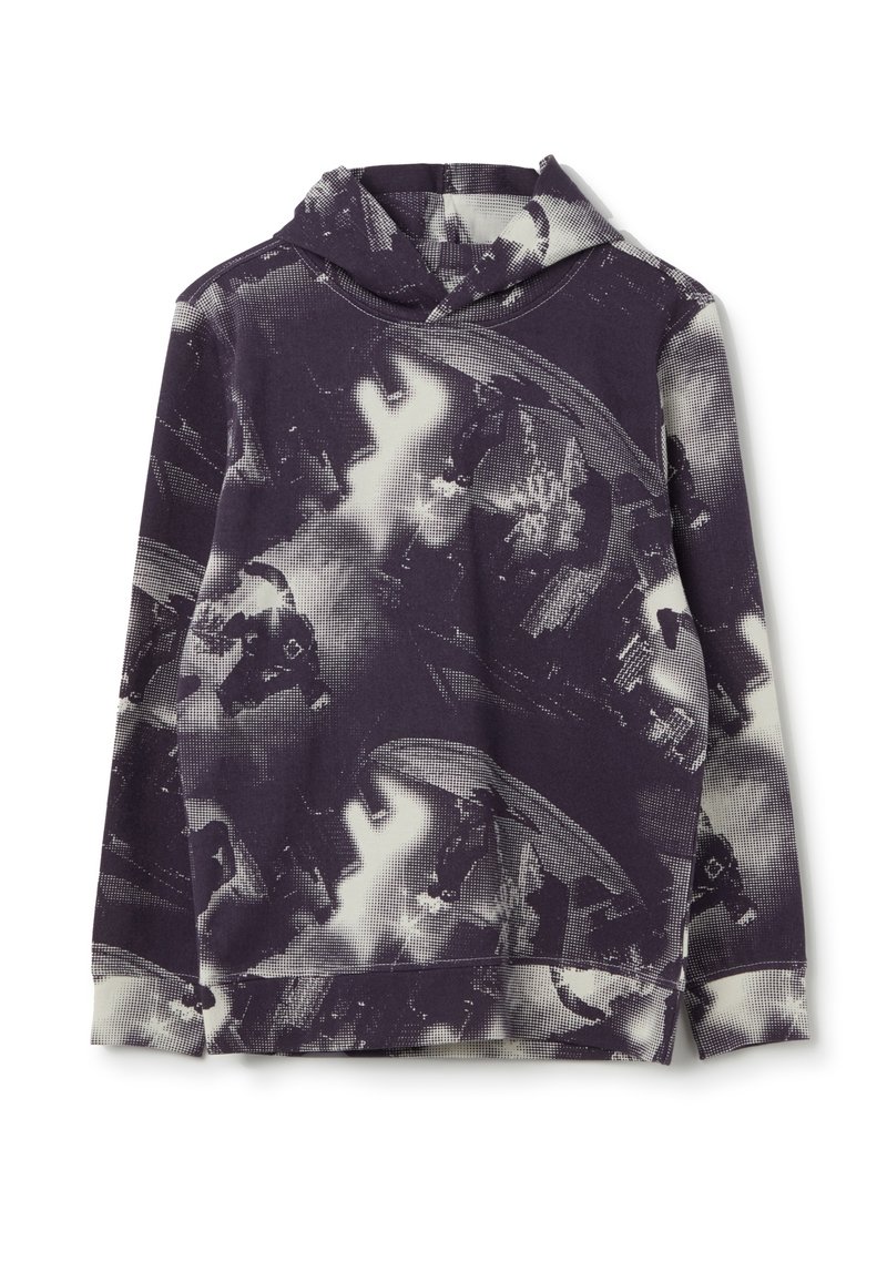 Felpa con cappuccio di colore viola scuro con un motivo astratto in bianco e nero a contrasto. Realizzata in tessuto morbido, presenta maniche lunghe e una vestibilità comoda.