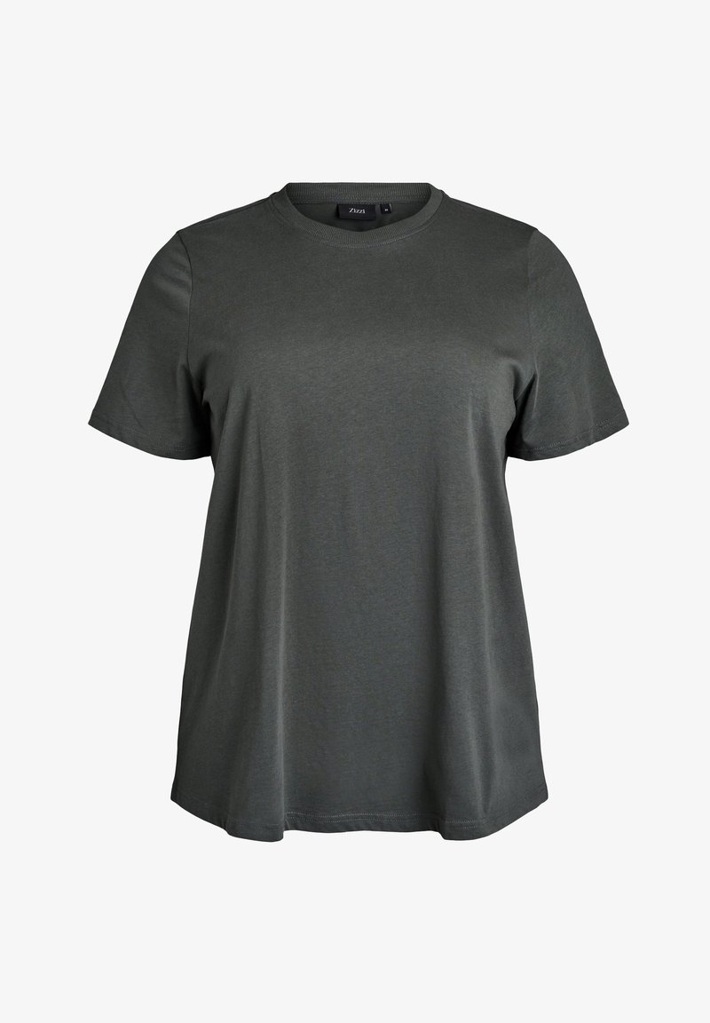 Tmavě zelené tričko s krátkým rukávem vyrobené z měkké tkaniny, s kulatým výstřihem, volným střihem a jednoduchým designem bez vzorů nebo akcentů.