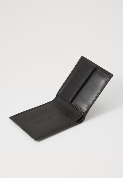 Black leather wallet featuring a bifold design, six card slots, and one additional pocket. Smooth texture and minimal detailing.