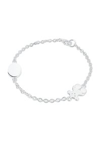 Braccialetto in argento con un link circolare e un ciondolo a forma di topo. La catena ha una finitura lucida e delicata con dettagli ben visibili.