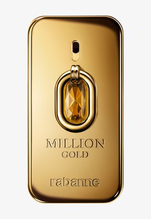 Gold rectangular perfume bottle with rounded edges, amber gem detail, and "MILLION GOLD rabanne" engraved on the front.