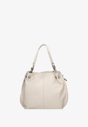 Borsa a tracolla in pelle color crema con doppie cinghie per spalla e dettagli in metallo argentato, caratterizzata da una forma rettangolare leggermente arrotondata e spaziosa.