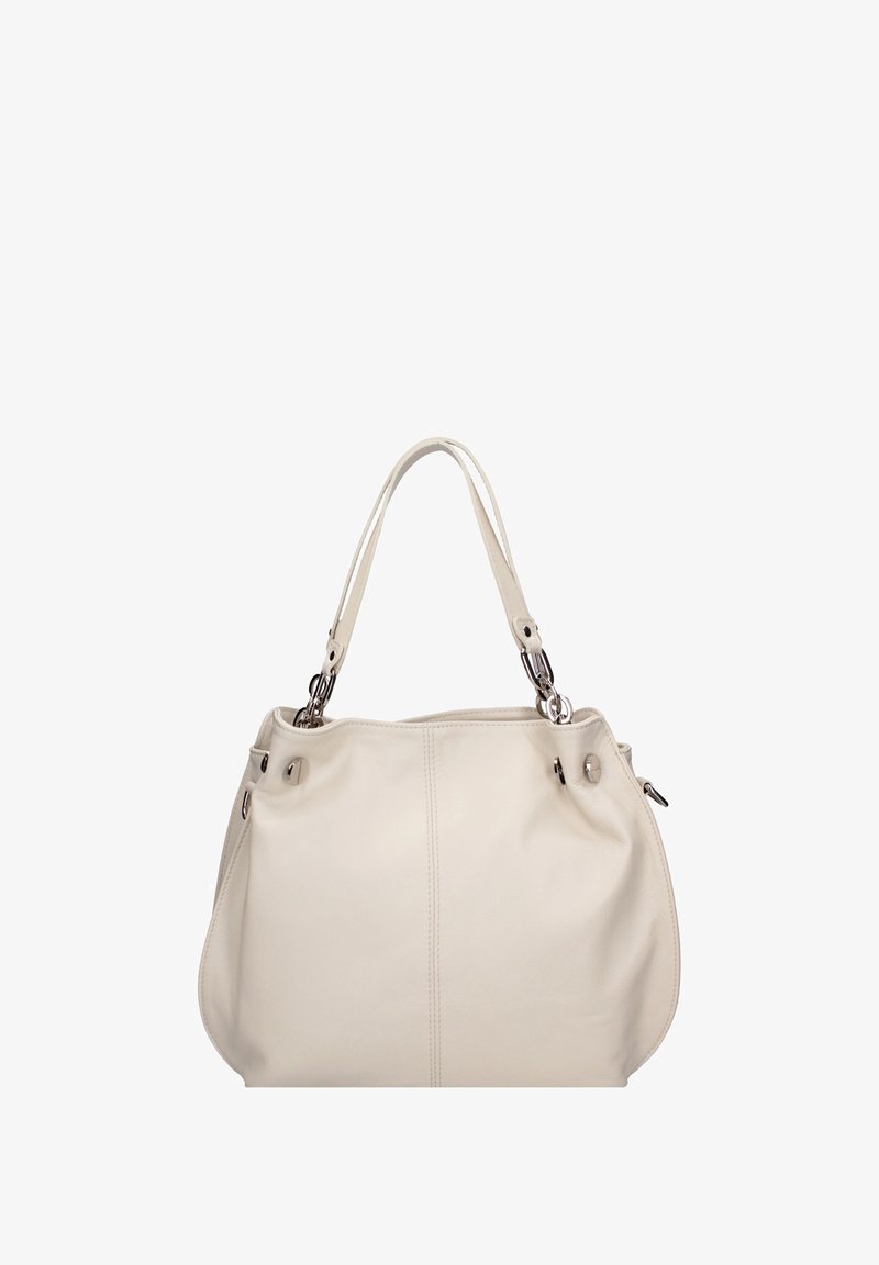 Sac à main en cuir crème avec double bandoulière et ferrures en métal argenté, présentant une forme rectangulaire spacieuse et légèrement arrondie.