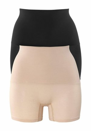 Two pairs of high-waisted shaping shorts in beige and black, displayed flat, designed for waist and thigh smoothing.