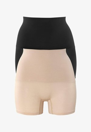 Zwei Paar hoch taillierte Formshorts in Beige und Schwarz, flach liegend dargestellt, entwickelt zur Glättung von Taille und Oberschenkeln.