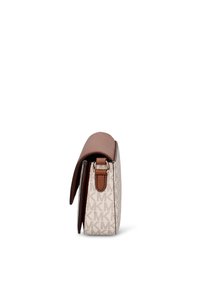 Borsa a tracolla in pelle marrone con tela beige chiaro decorata, forma rettangolare e chiusura laterale con patta e piccola fibbia.