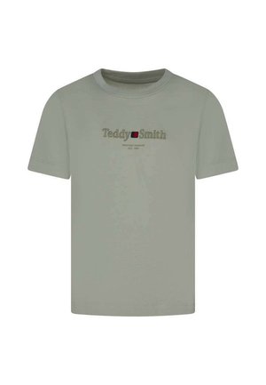 T-shirt vert olive clair à manches courtes avec col rond et logo "Teddy Smith" brodé au centre de la poitrine.