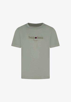 T-shirt vert olive clair à manches courtes avec col rond et logo "Teddy Smith" brodé au centre de la poitrine.